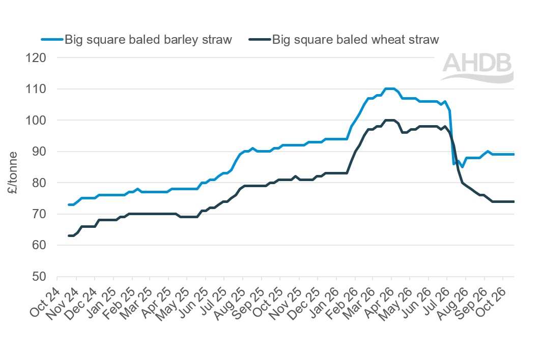A line graph showing GB big bale straw weekly prices 18 October 2026.